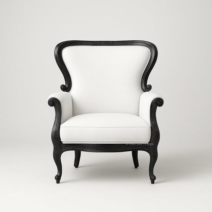 White armchair with black wooden frame on a white background