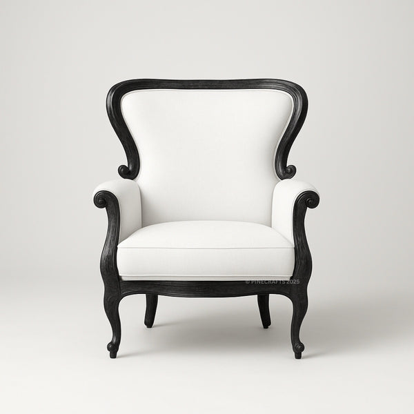White armchair with black wooden frame on a white background