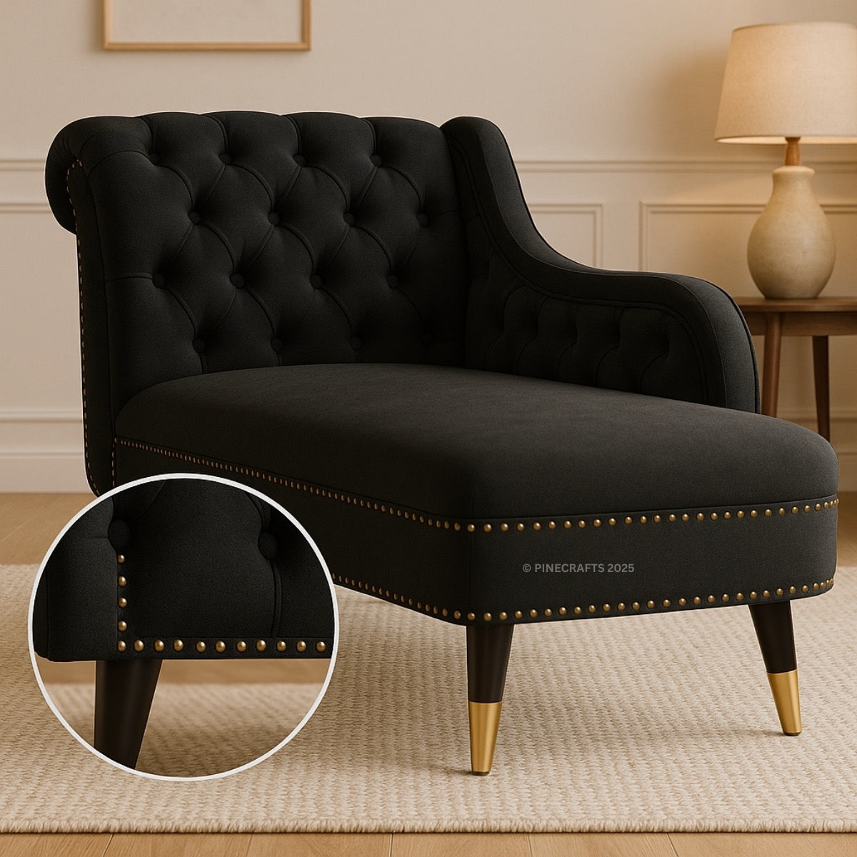 Black tufted armchair with gold nailhead trim in a room setting, Pinecrafts brand visible.