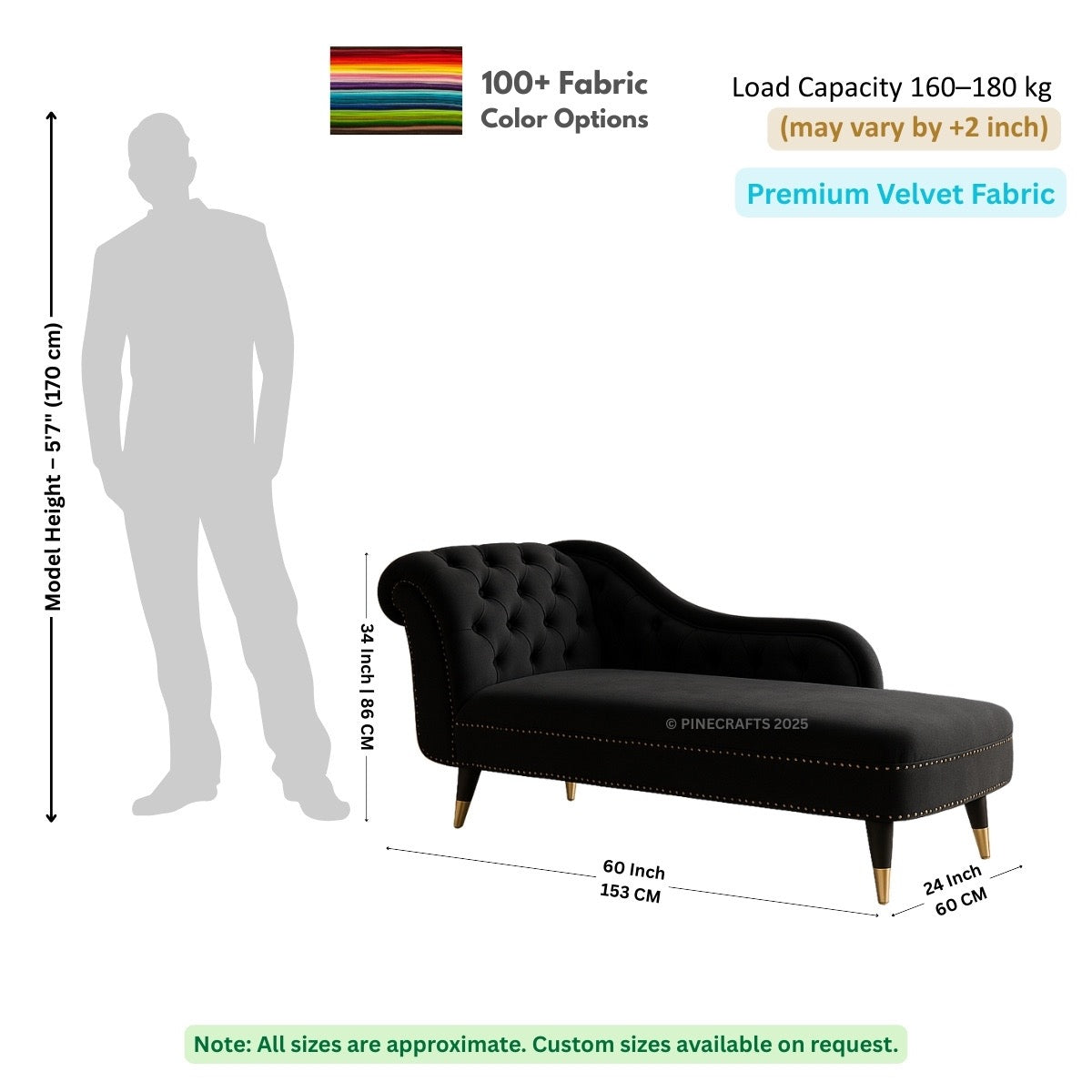 Black chaise lounge with dimensions and fabric information on a white background