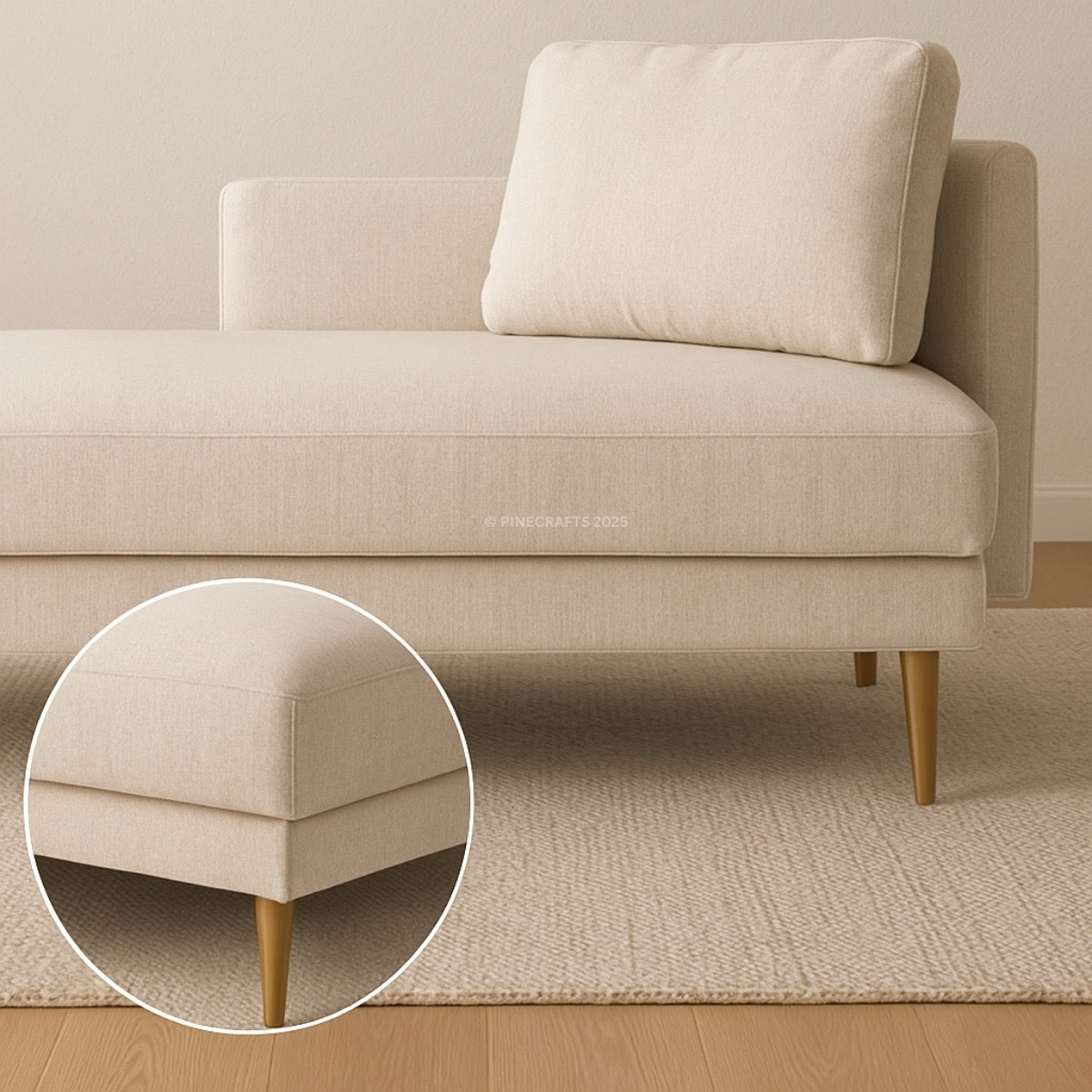Beige sofa with wooden legs on a neutral background