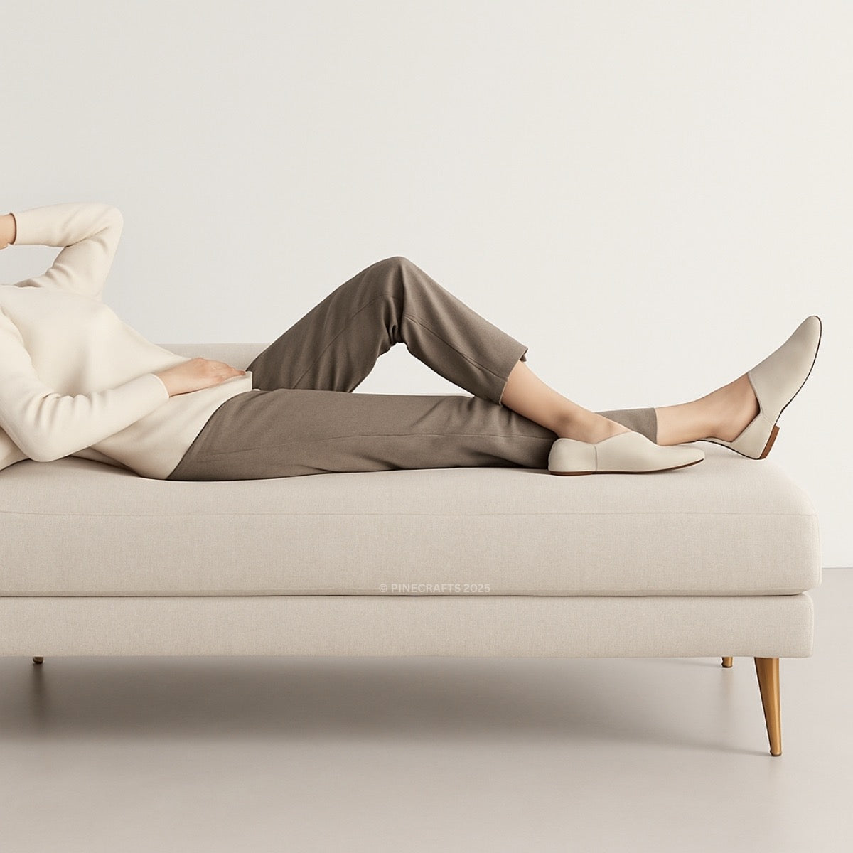 Person lying on a beige sofa wearing brown pants and white shoes.