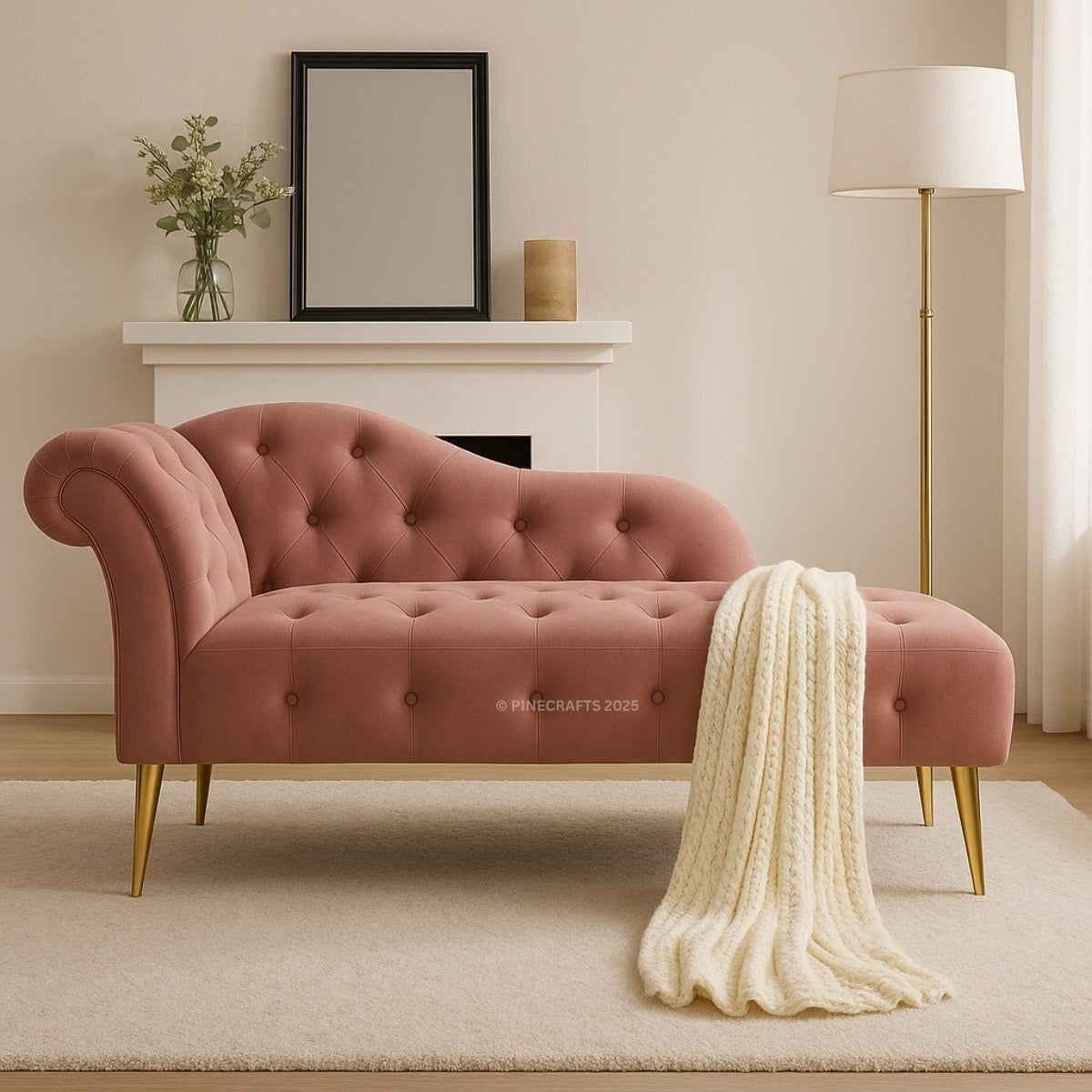Pink tufted sofa with a white blanket in a living room setting.