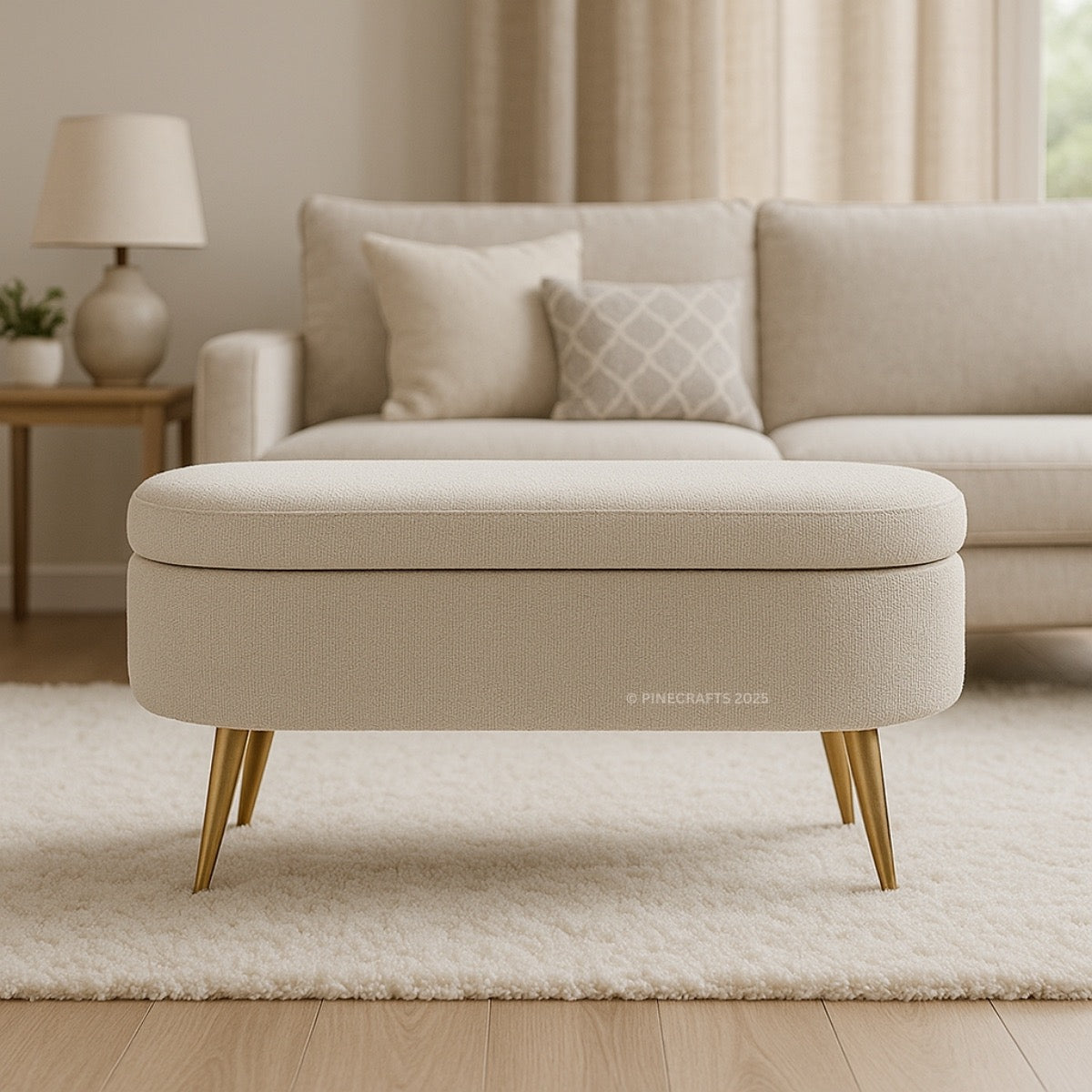 Beige ottoman in front of a beige sofa with decorative pillows in a living room setting.