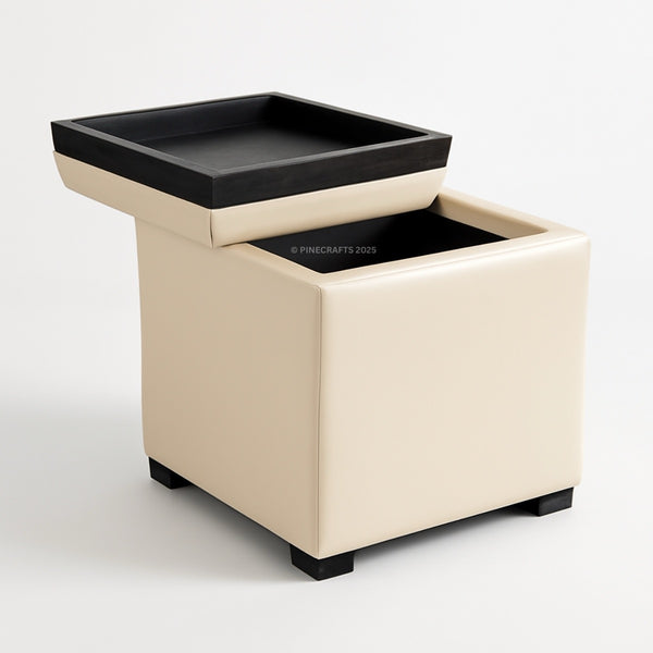 Beige ottoman with black top on a white background