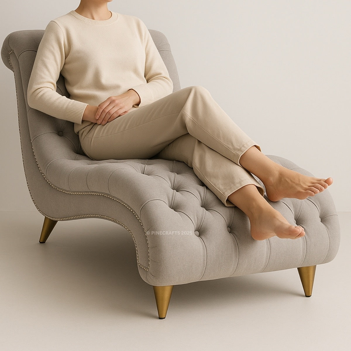 Person sitting on a gray tufted chair with a neutral background