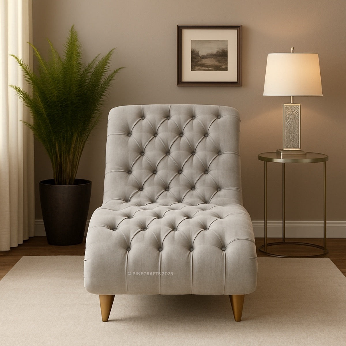 Gray tufted chair in a living room setting with a lamp and plant.