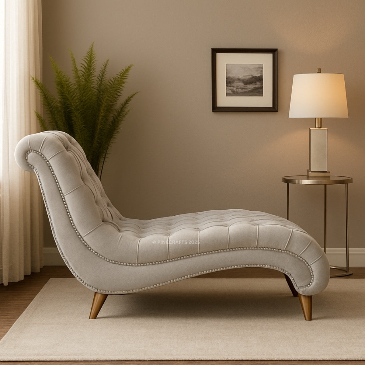 Beige tufted chaise lounge in a living room setting with a lamp and plant.