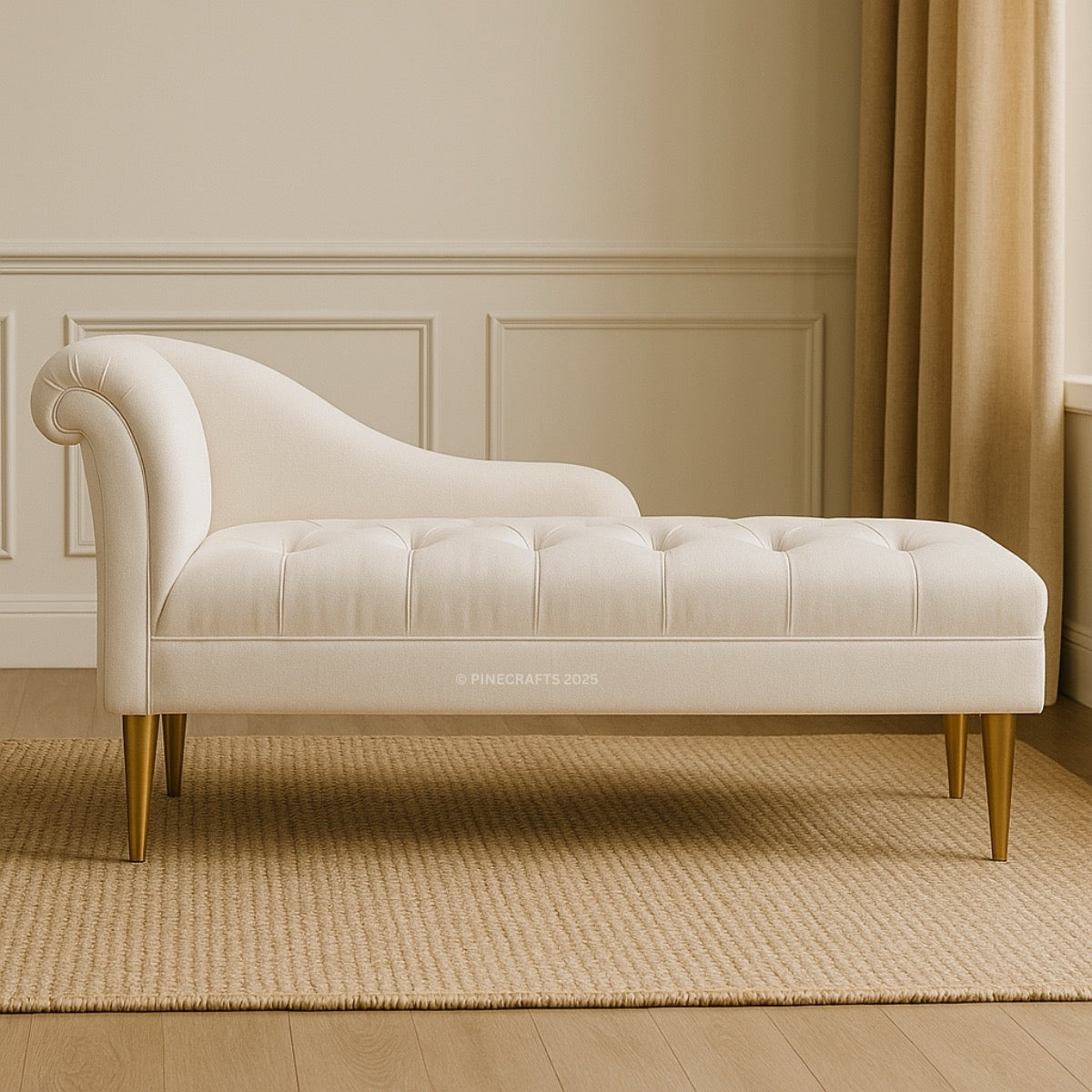 Beige chaise lounge in a room with beige walls and carpet.