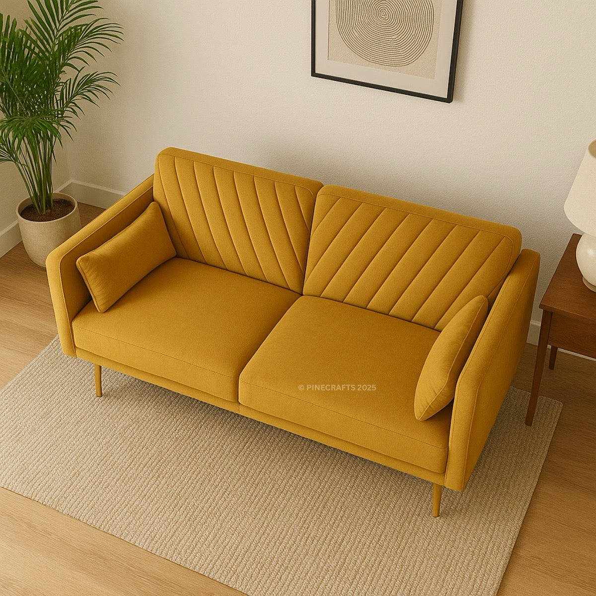 Yellow sofa in a room with a plant and lamp