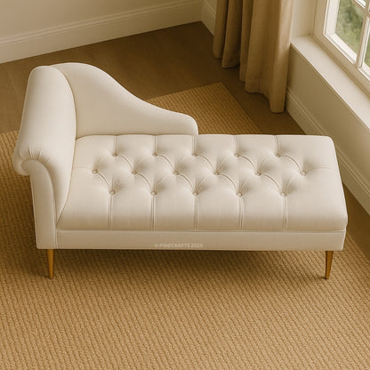 Beige tufted bench in a room with a window and curtains.