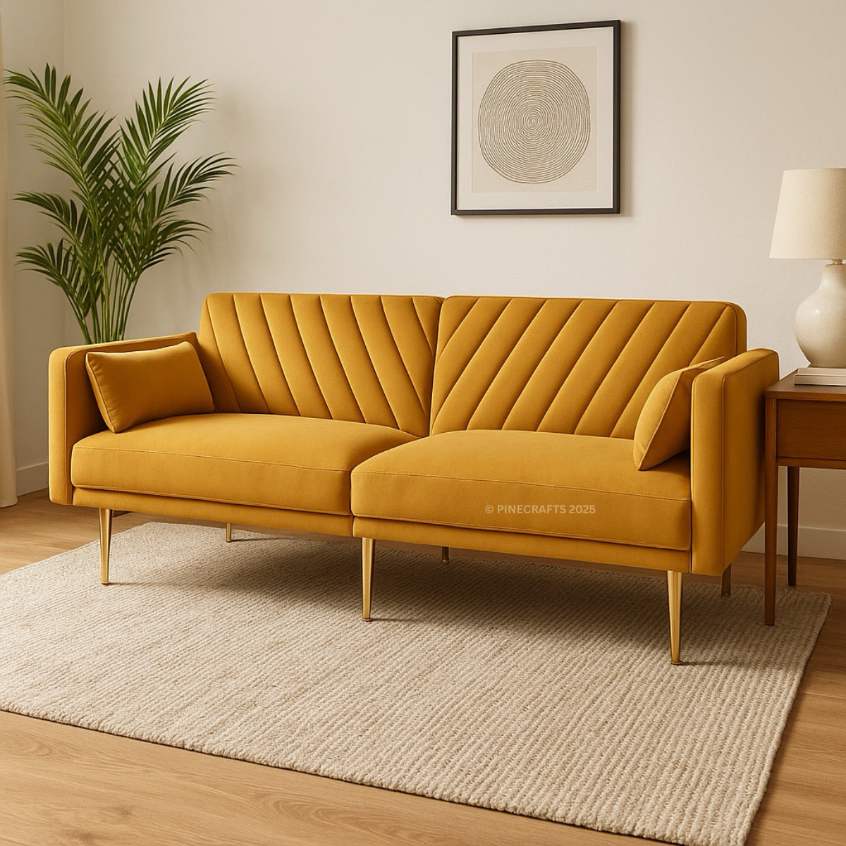 Yellow sofa in a living room setting with a plant and lamp.