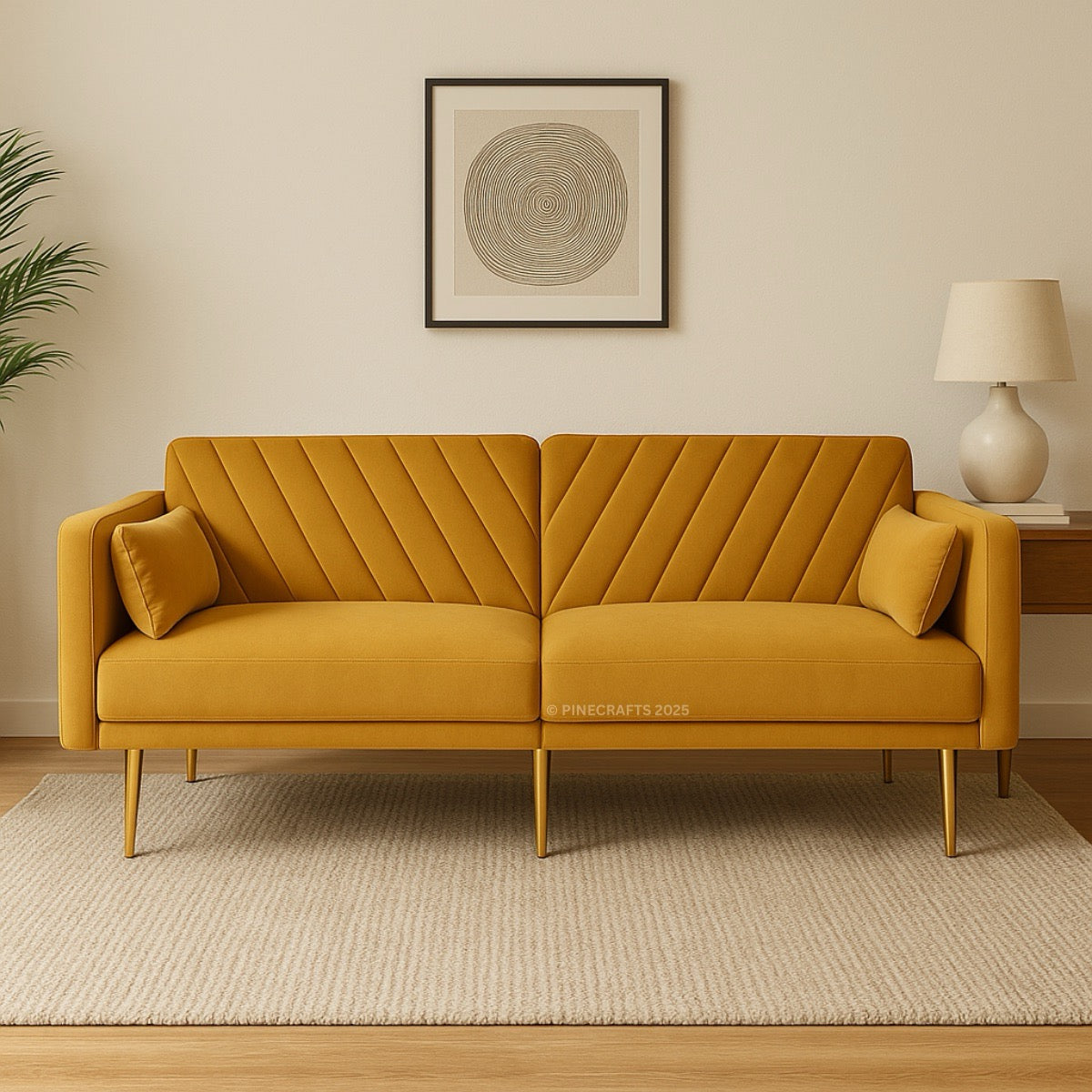 Yellow sofa in a living room setting with a lamp and artwork on the wall.