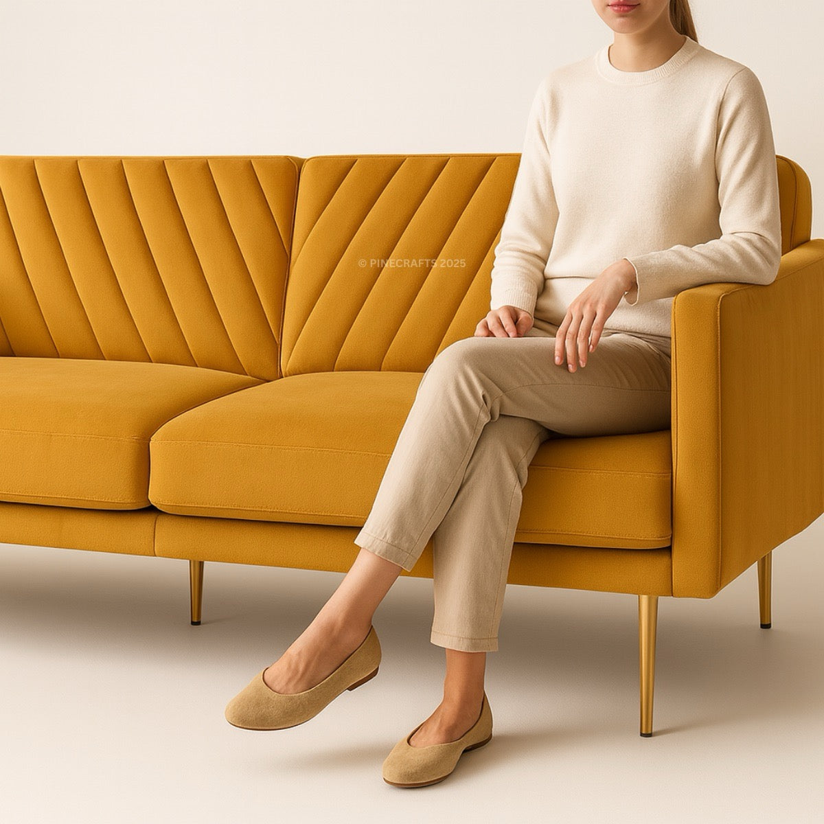 Person sitting on a yellow sofa wearing beige pants and shoes.