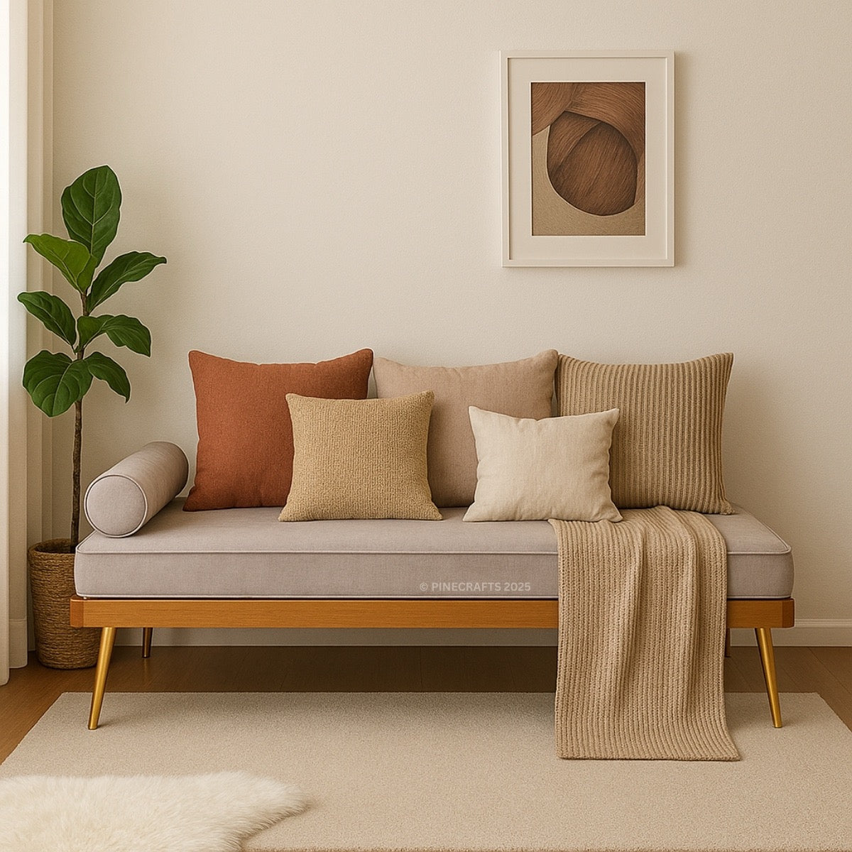 Beige sofa with decorative pillows and a plant in a minimalistic living room.