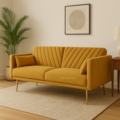 Yellow sofa in a living room setting with a plant and side table.