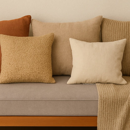 Beige sofa with textured pillows on a neutral background