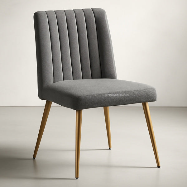 Gray upholstered chair with wooden legs on a light background