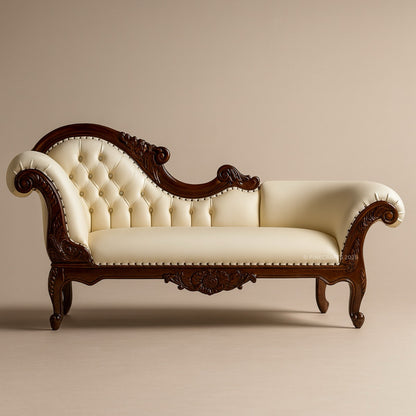 Vintage-style chaise lounge with wooden frame and tufted cream cushion on a beige background
