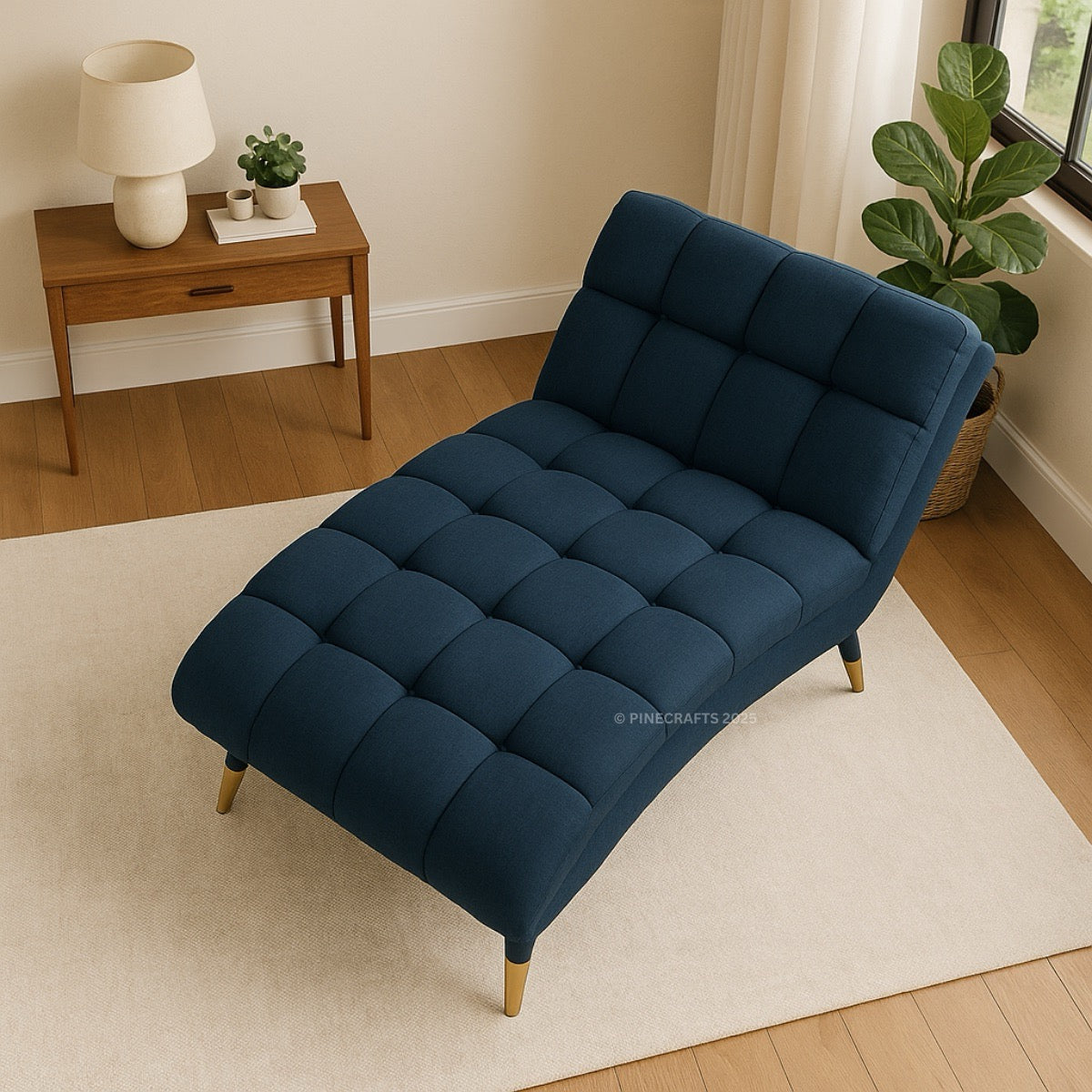 Navy blue tufted sofa bed in a room with a wooden side table and plants.