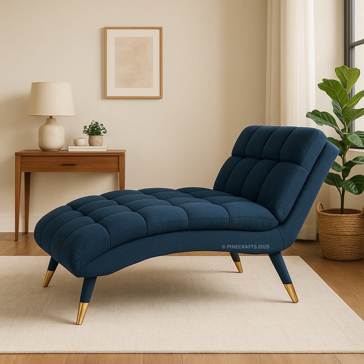 Blue chaise lounge in a living room setting with a side table and plants.