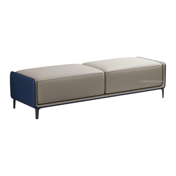 Two-seater sofa with beige cushions and a blue frame on a white background