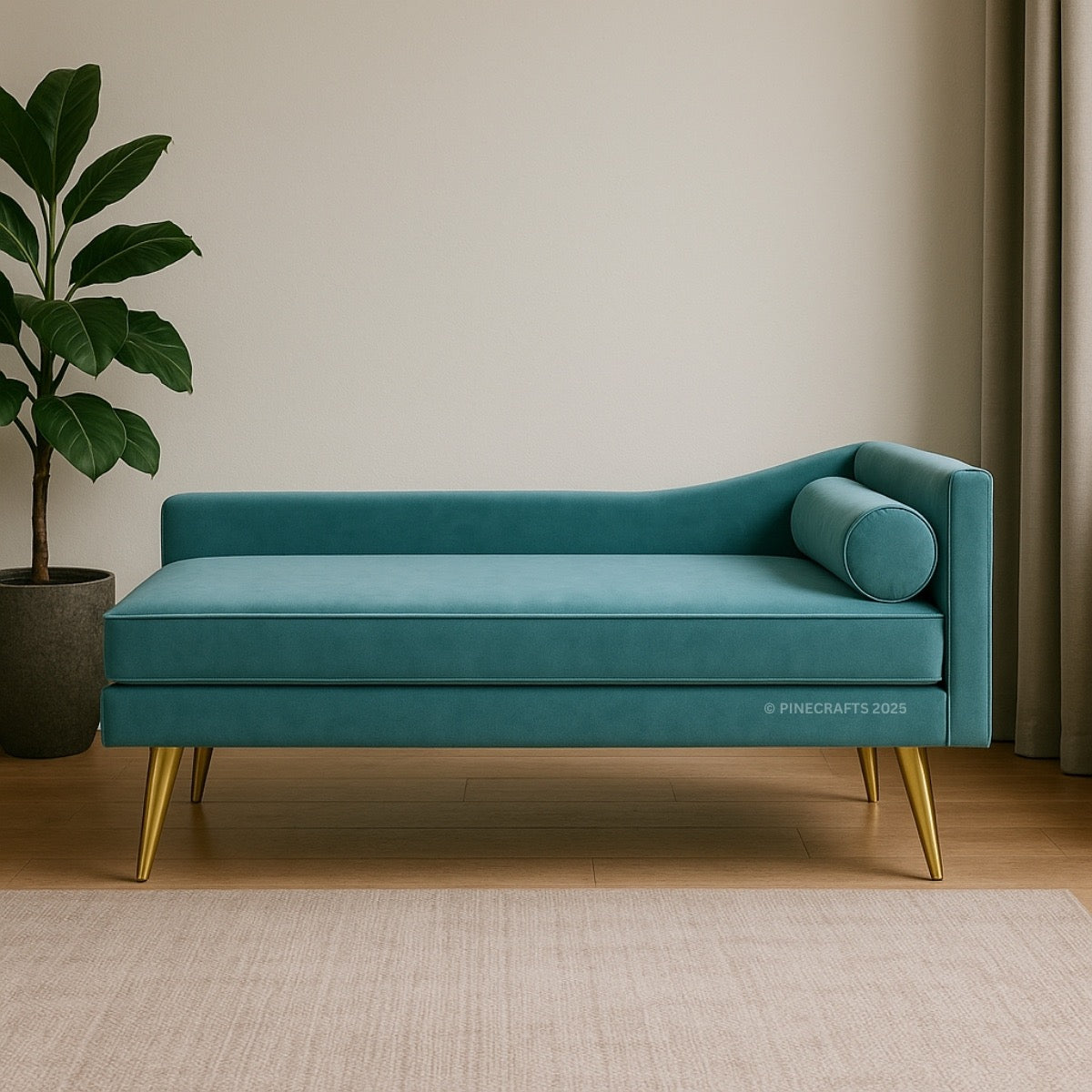 Teal sofa with gold legs in a room with a plant and neutral decor
