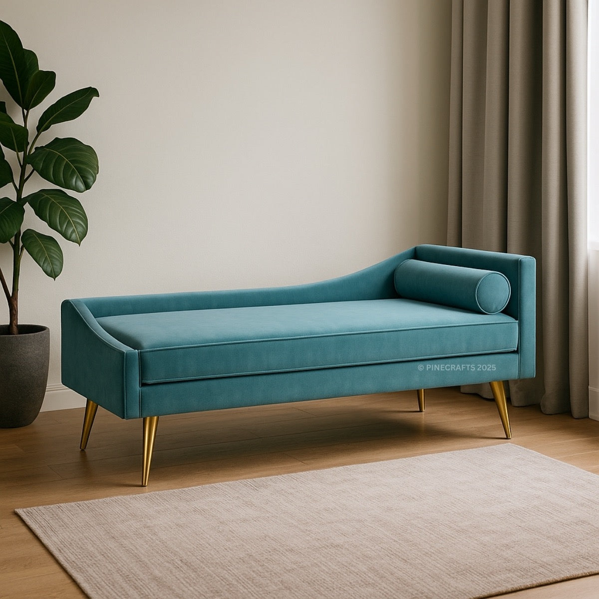 Teal daybed with gold legs in a room with a plant and curtains