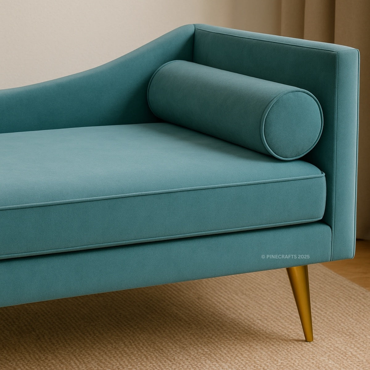Teal sofa with gold legs on a beige carpet