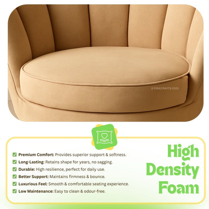 Beige armchair with high-density foam text and features on a white background