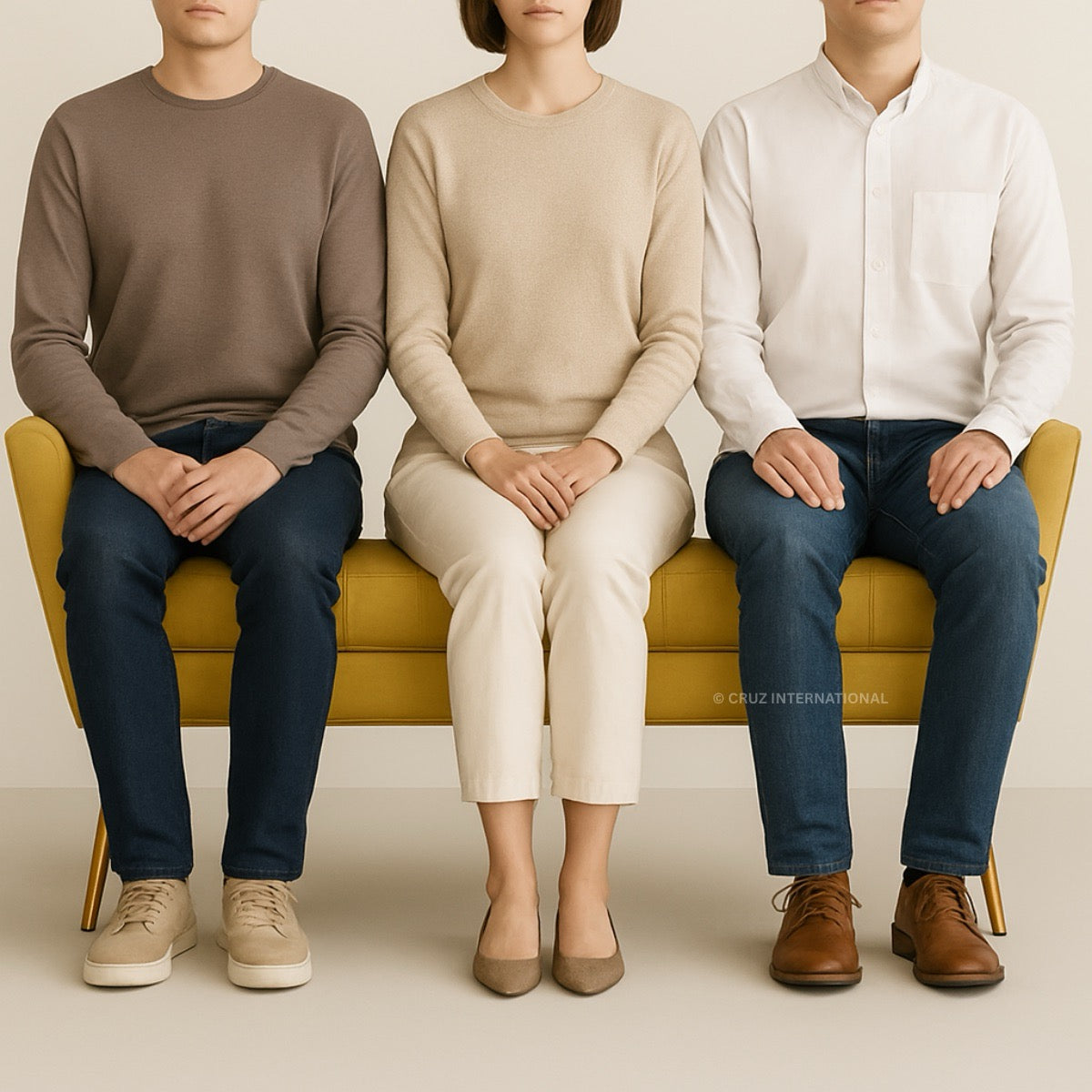 Three people sitting on a yellow couch wearing neutral-colored clothing.