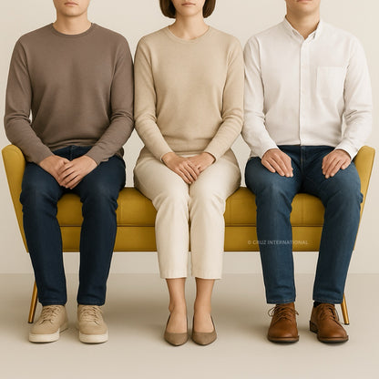Three people sitting on a yellow couch wearing neutral-colored clothing.