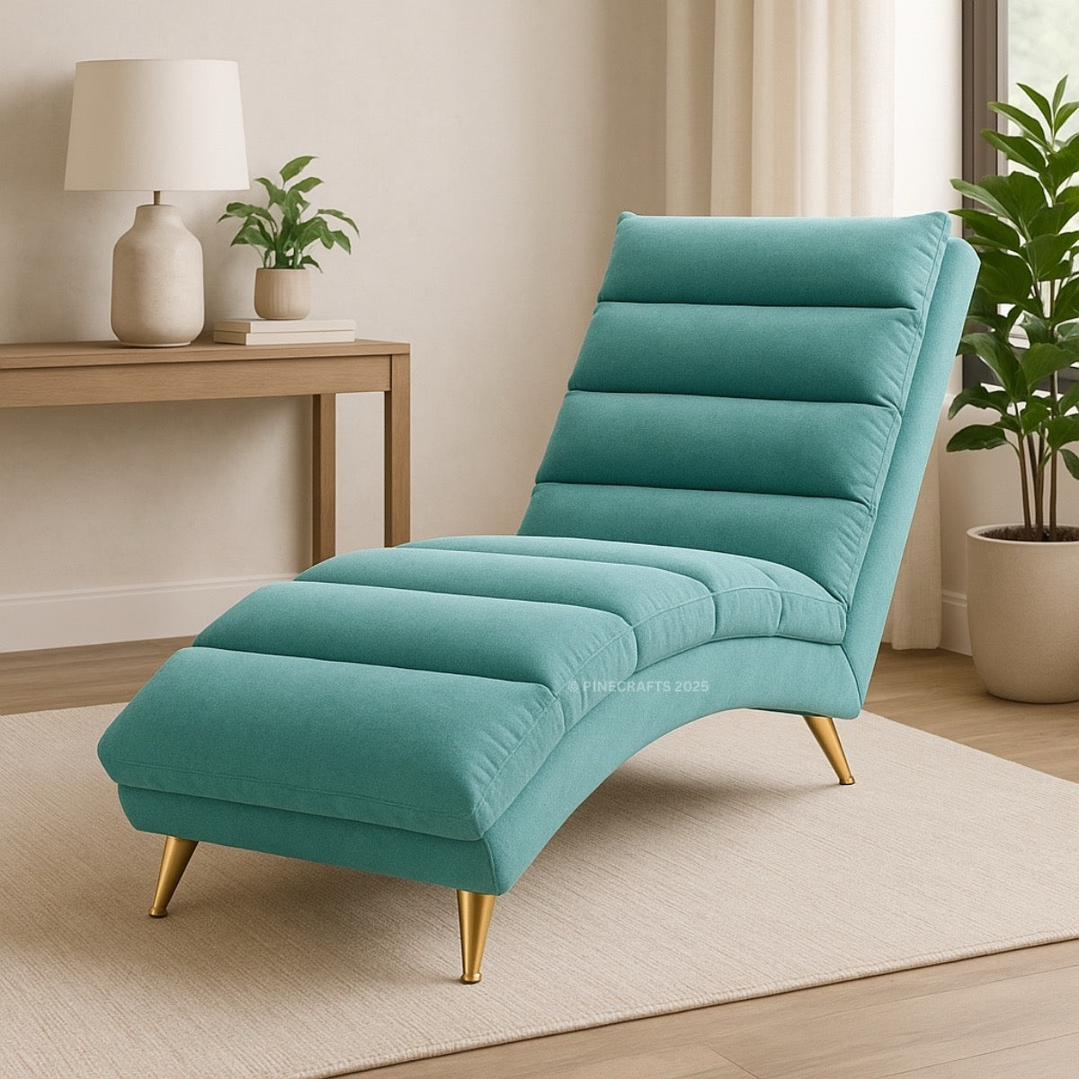 Turquoise chaise lounge chair with gold legs in a room with a side table and plants.