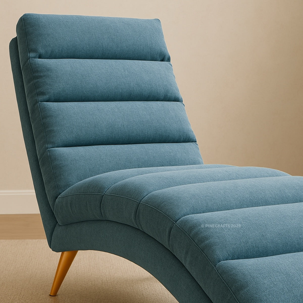 Blue upholstered chair with wooden legs on a beige background