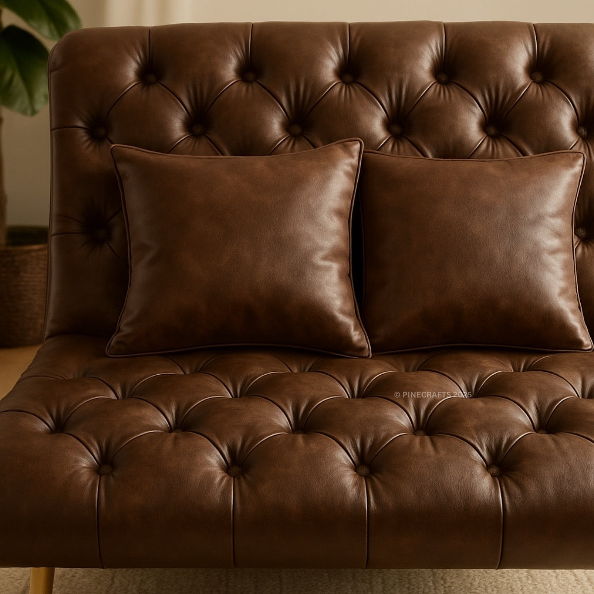 Brown leather sofa with two matching pillows in a warm-toned room.