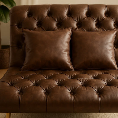 Brown leather sofa with two matching pillows in a warm-toned room.