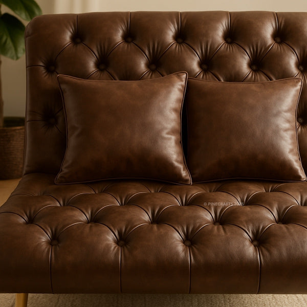 Brown leather sofa with two matching pillows in a warm-toned room.