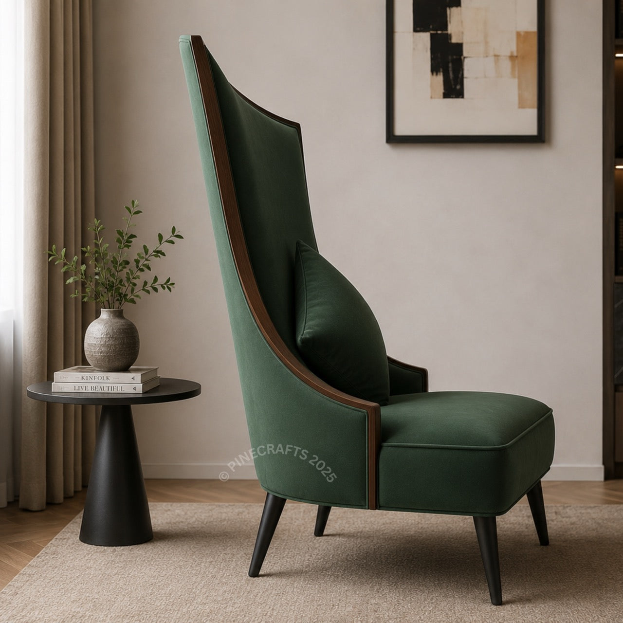 Luxury emerald green velvet wingback accent chair with modern high-back design in stylish living room interior.