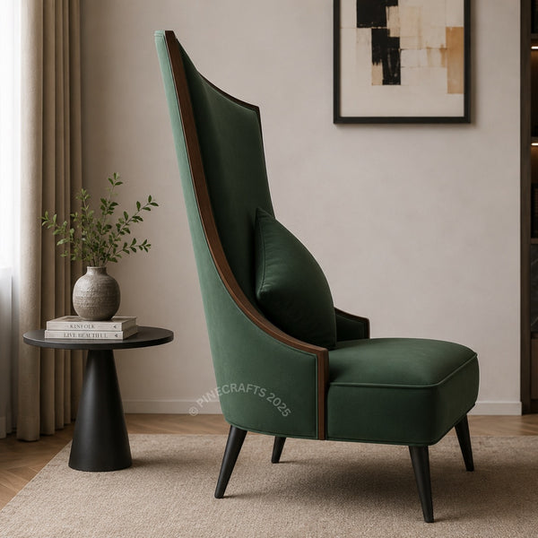Luxury emerald green velvet wingback accent chair with modern high-back design in stylish living room interior.