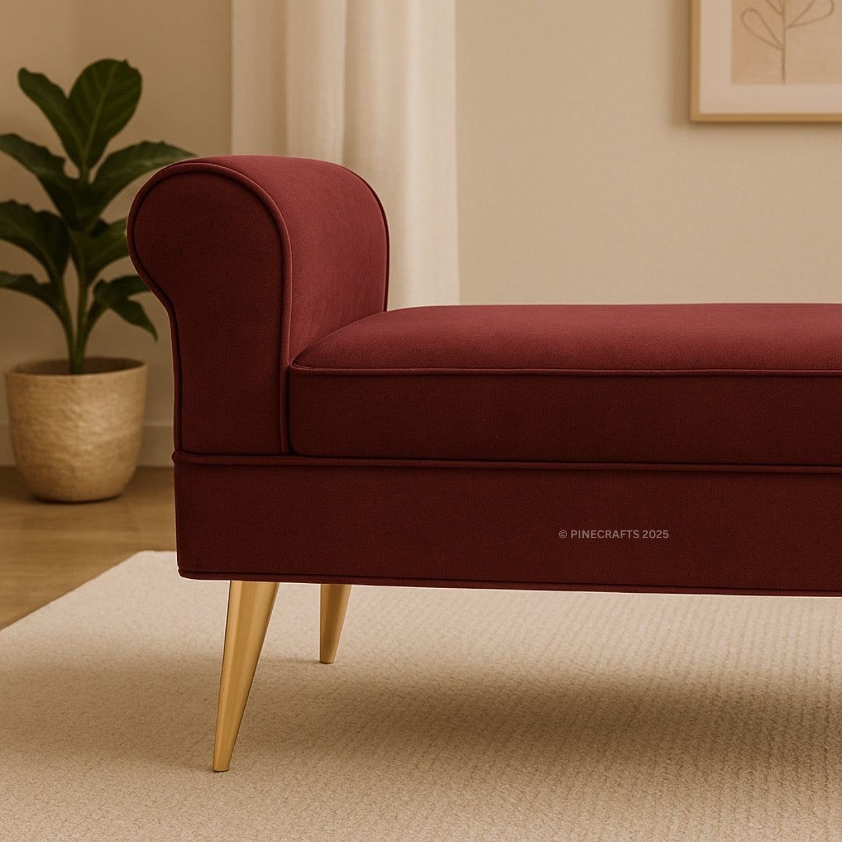 Red bench with gold legs in a room setting with a plant and framed picture.