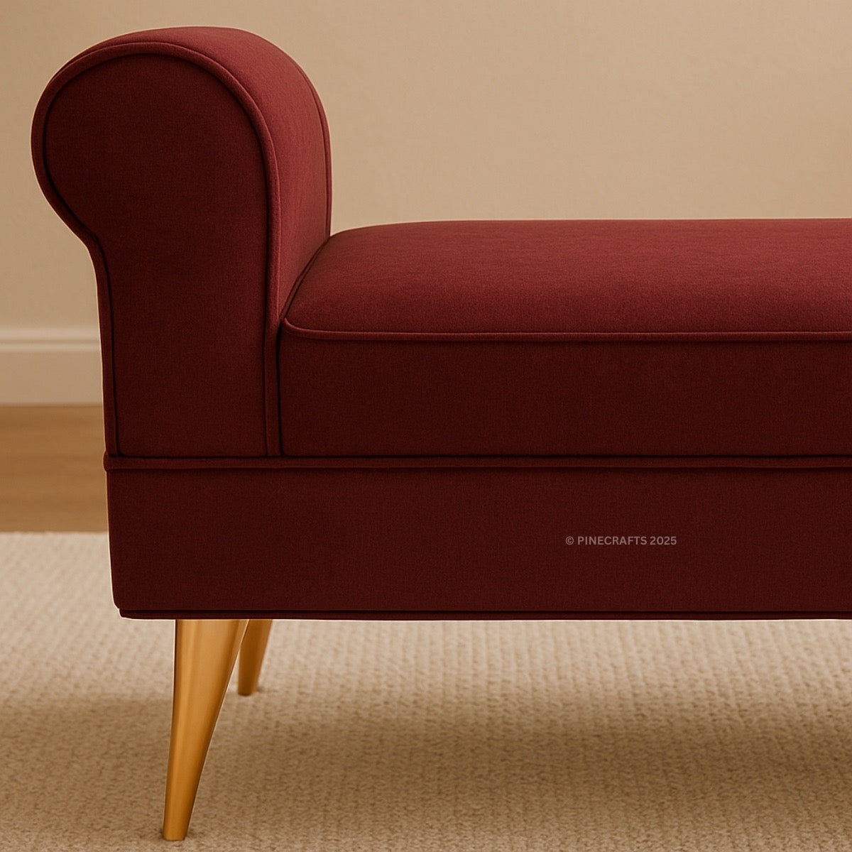 Red sofa with wooden legs on a beige carpet