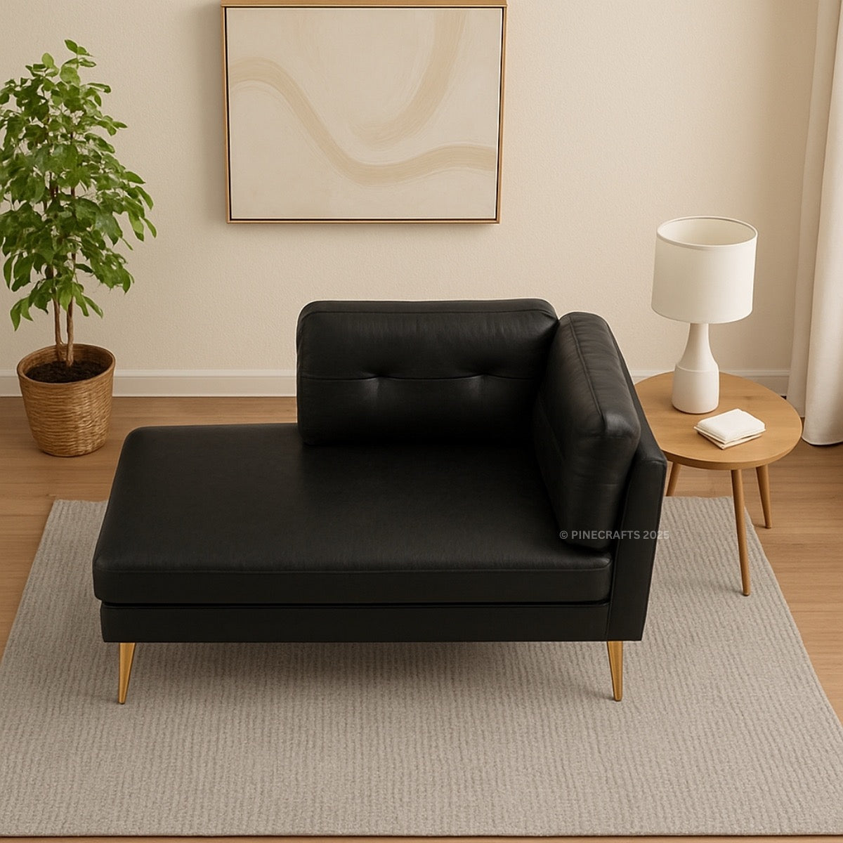 Black leather sectional sofa in a living room setting with a plant, table, and lamp.