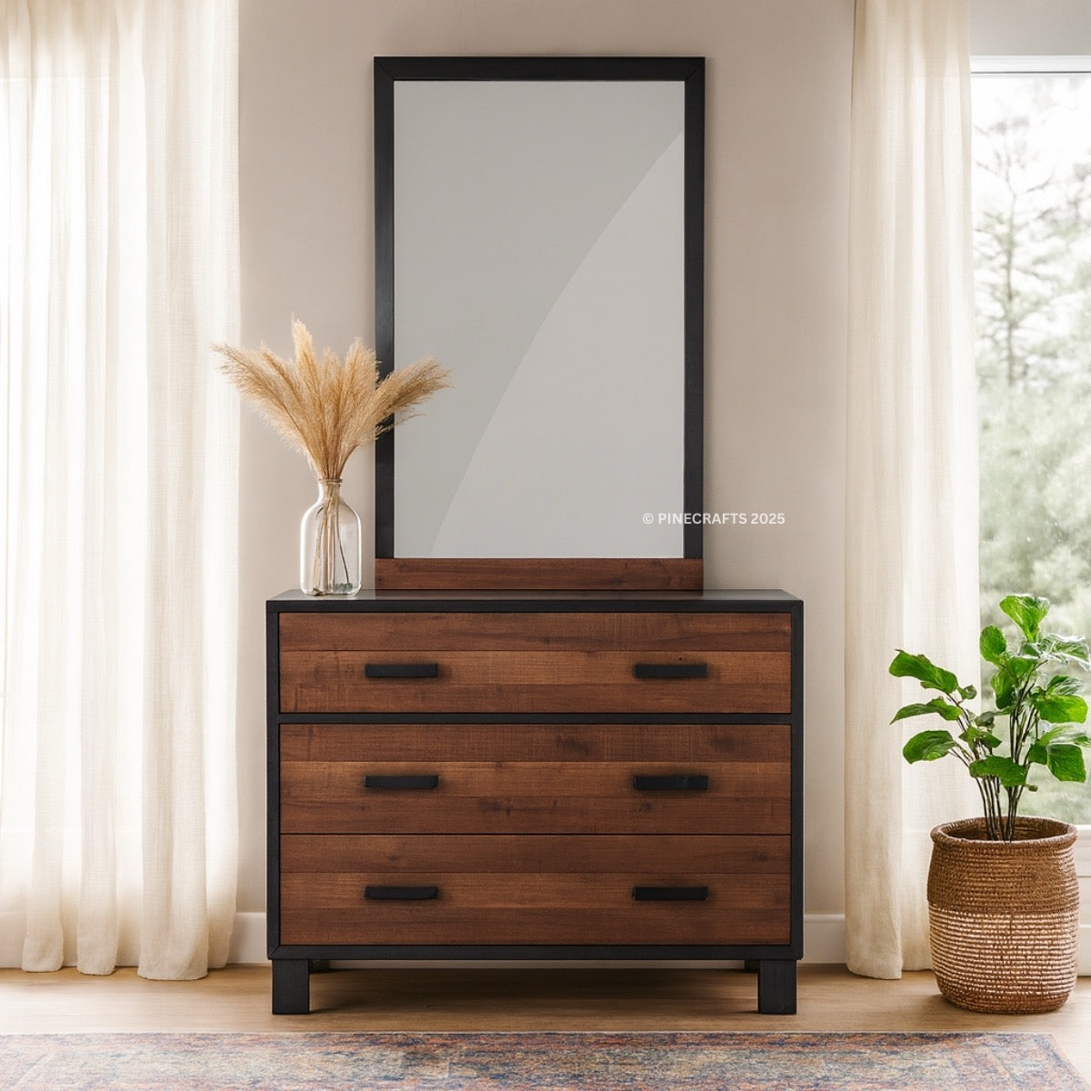 Wooden dresser with mirror on a neutral background