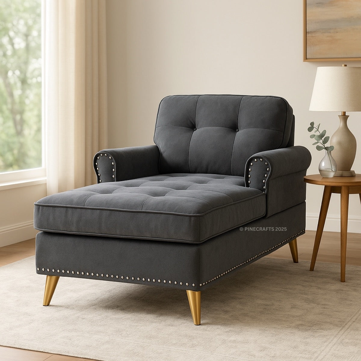 Gray tufted armchair with gold legs in a room setting with a lamp and window.