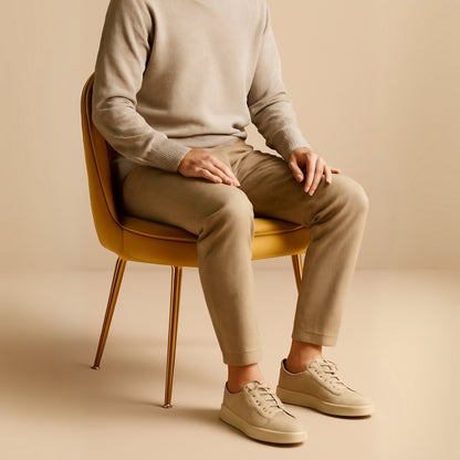 Person sitting on a mustard chair wearing a beige sweater, pants, and shoes against a beige background