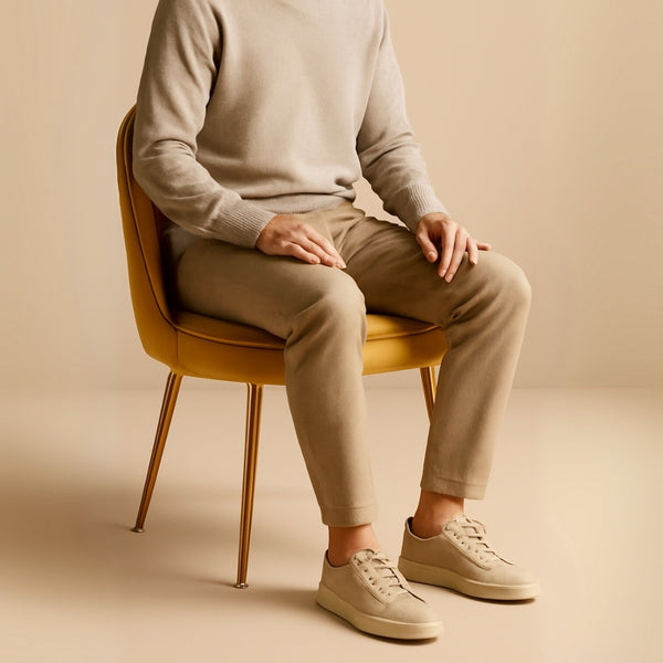 Person sitting on a mustard chair wearing a beige sweater, pants, and shoes against a beige background