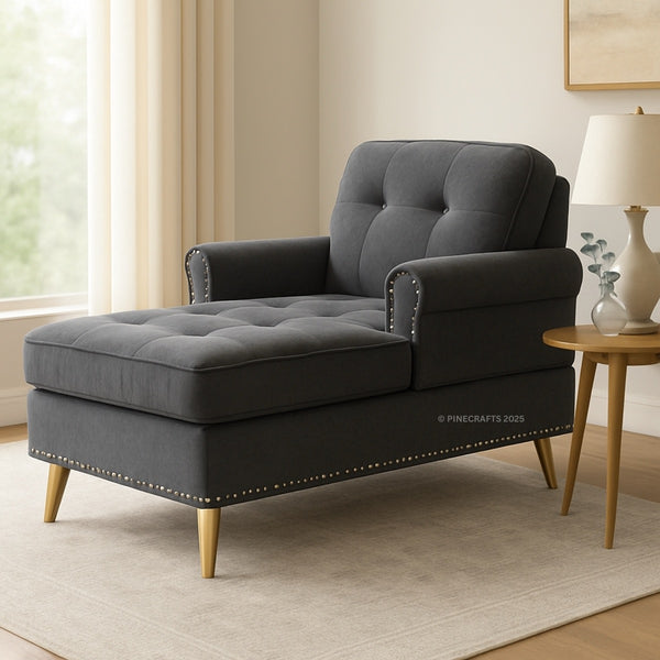 Gray tufted chaise lounge in a living room setting with a side table and lamp.