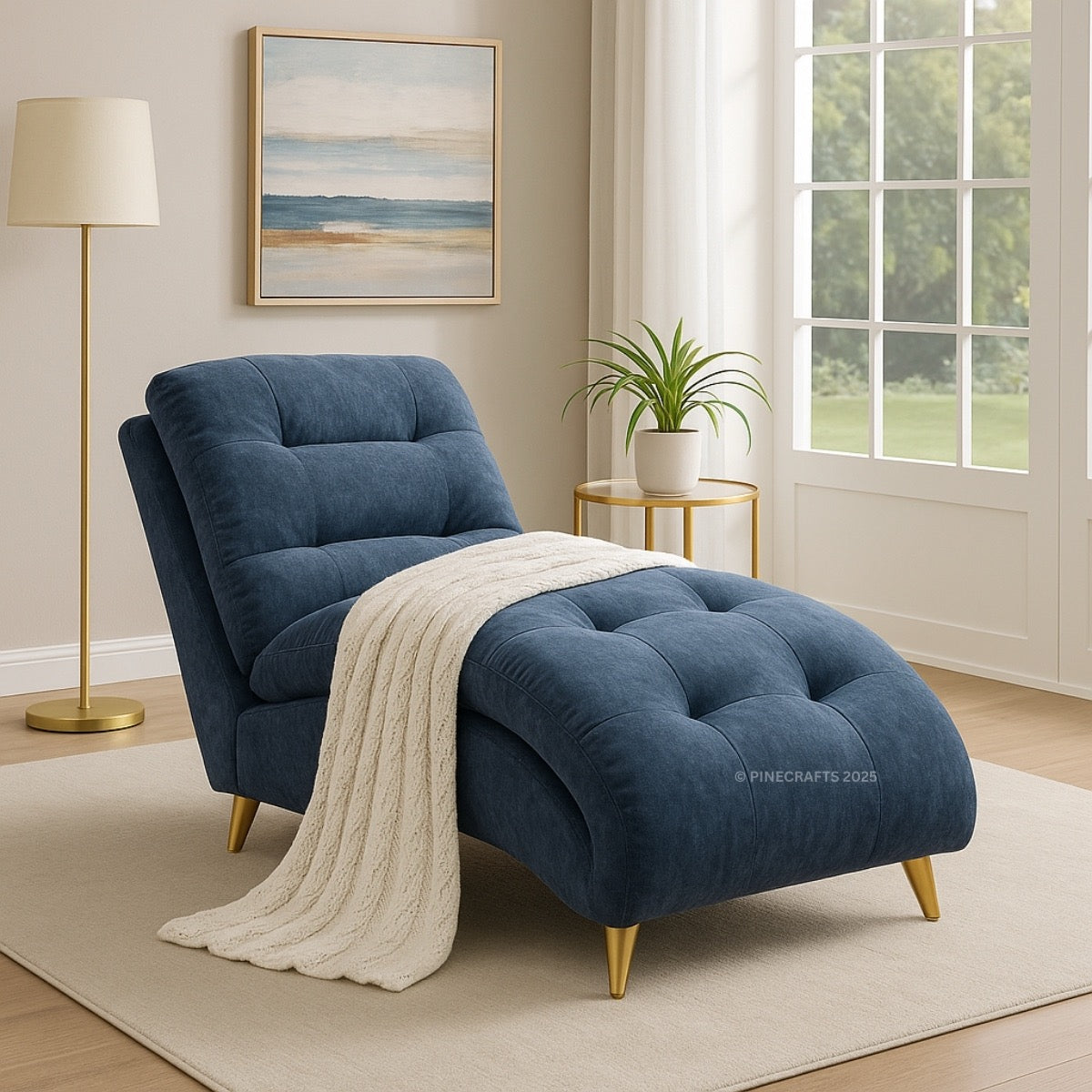 Blue armchair with a white blanket in a living room setting