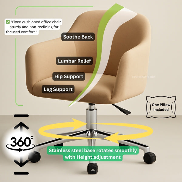 Beige office chair with features highlighted on a beige background