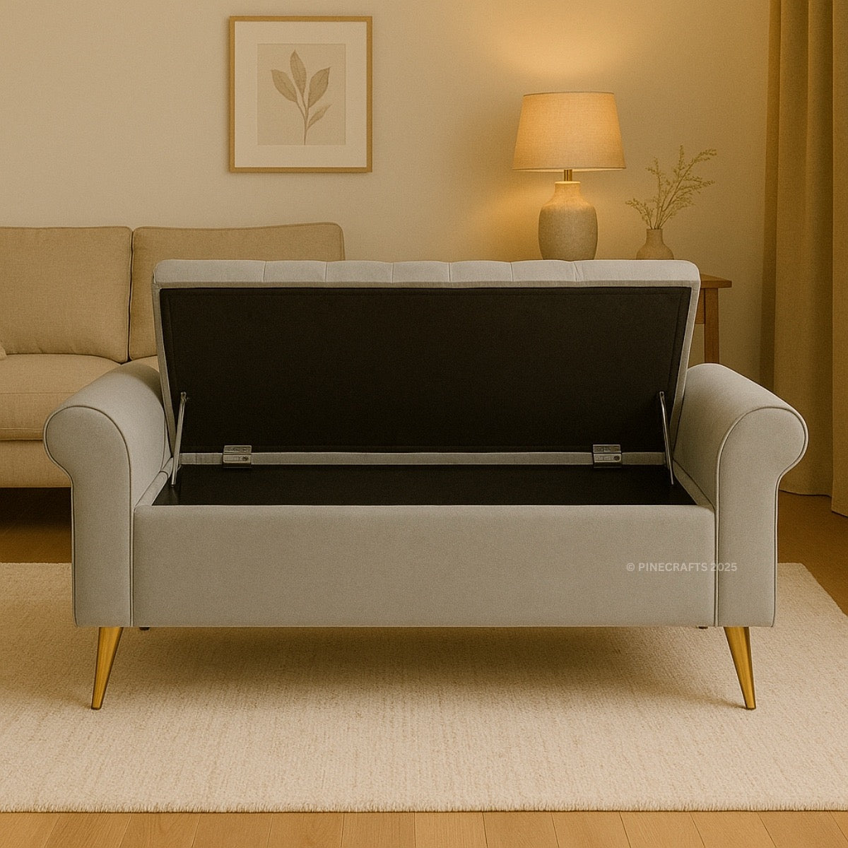 Gray sofa with storage compartment open in a living room setting